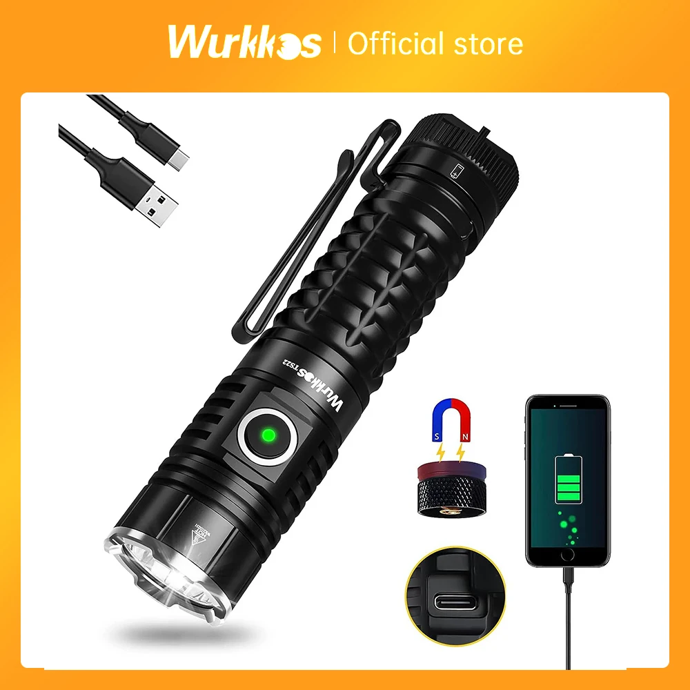 Wurkkos-TS22 Rechargeable 21700 Flashlight XHP70.2 Powerful 4500LM IP68 Torch with Magnet Tail & Reverse Charging for Hiking EDC