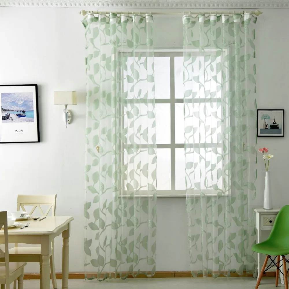 NAPEARL Organza Tulle Curtains Leaf Design White Sheer Fabrics Kitchen Door Panel Transparent Window