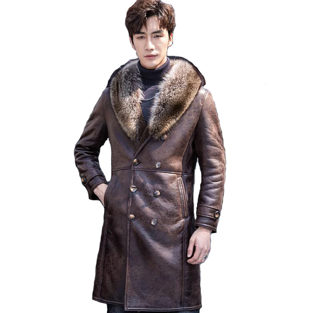 Denny&Dora Mens Shearling Coat Leather Wool Winter Coat Men Brown Leather Shearling Overcoat