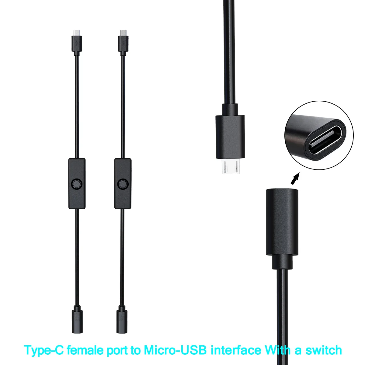 Versatile Type C Power Extension Cord with On/Off Switch – USB-C, Micro-USB, and DC 5.5x2.1mm Connectors, Ideal for Various Devices – 5V