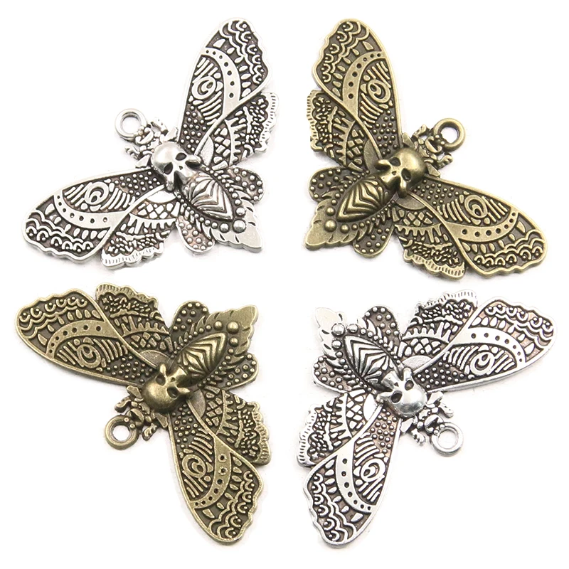 6PCS 27*43mm Metal Alloy New Product Two Color Skull Butterfly Charms Animal Pendant For Jewelry Making DIY Handmade Craft