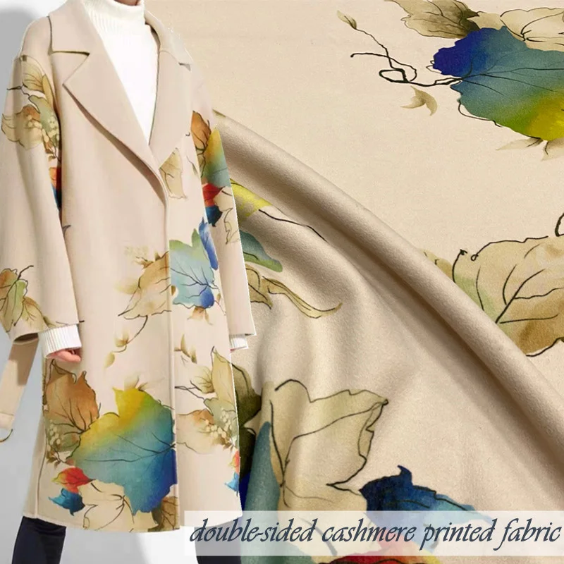 

Apricot Double-sided Cashmere Color Leaf Printing Thickened Warm High-end Pure Wool Fabric DIY Coat Scarf Clothing Woolen Cloth