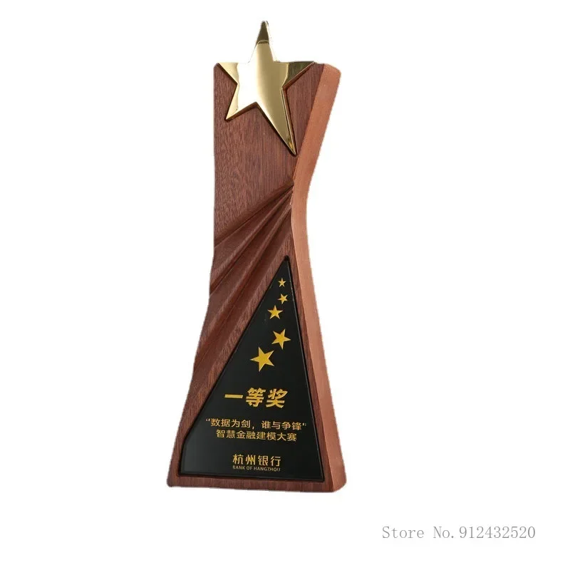 Customized Metal Wooden Crystal Trophy, Home Decoration, Creative Enterprise Awards Souvenir, Personality Five-pointed Star, 1Pc