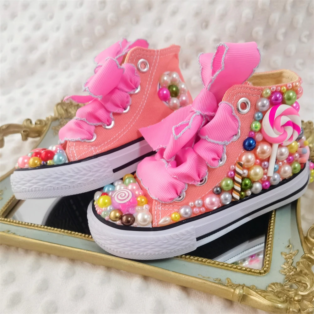 Zapatillas de lona con perlas de arcoíris para niños, zapatos con
