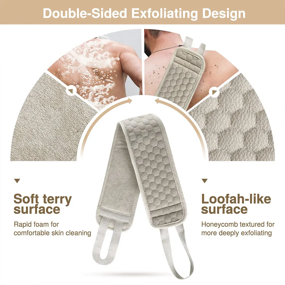 Exfoliating Back Wash Towel Double-sided Shower Washchoth Bath Belt with Handles Body Scrub Strap Dead Skin Cleaning Tool