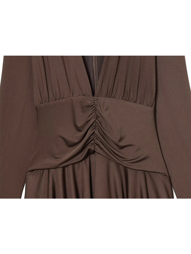 Autumn Women's Elegant Slim Fit Long Sleeve Dress Elastic Pleated Fashion Casual V Neck Mini Dress Lady Sexy Tierred Dresses