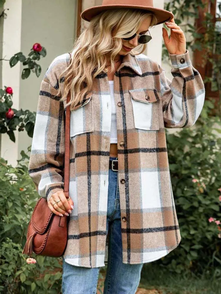 2023 Autumn Long Plaid Jacket Women Button Up Winter Coat Ladies Overshirt  Warm Thick Checkered Shirt Jacket Coat Women - AliExpress