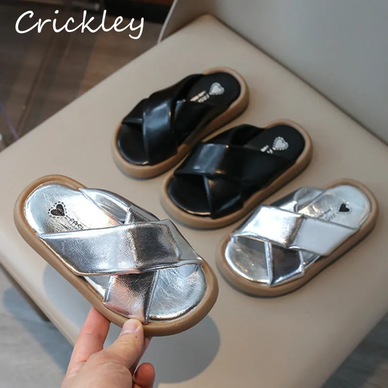 Summer Solid PU Leather Children Slippers Silver Outdoor Slippers For Girls Fashion Comfortable Soft Flats Kids Beach Shoes