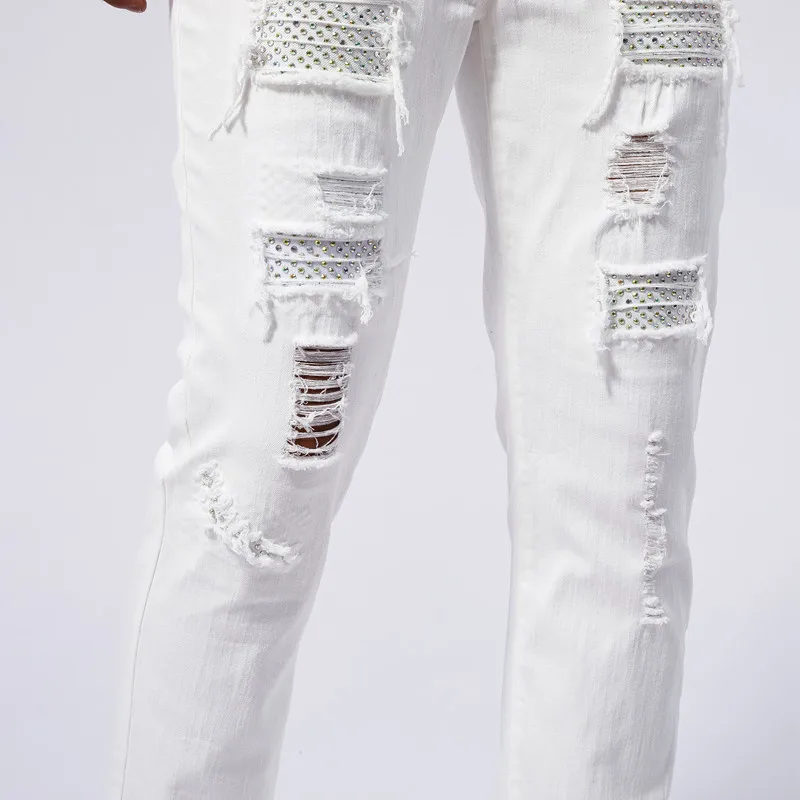Stretch Rhinestone White Jeans Men Clothing 98% Cotton Ripped Slim Fashion Small Feet Hip Hop Male Denim Trousers Streetwear