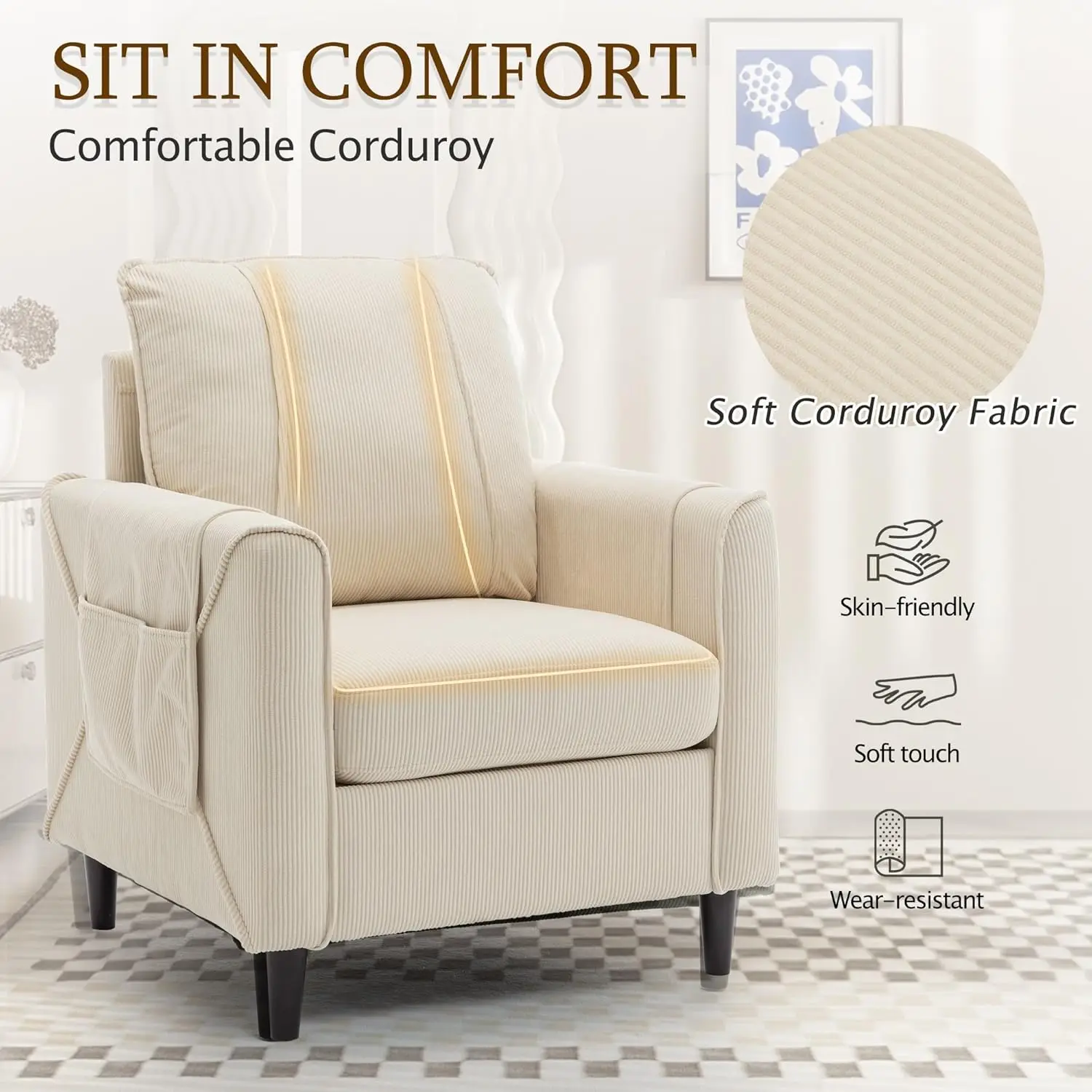 Chair, Arm Chair for Living Room, Mid-Century Modern Upholstered Reading Chair, Comfy Club Chair with Side Pockets