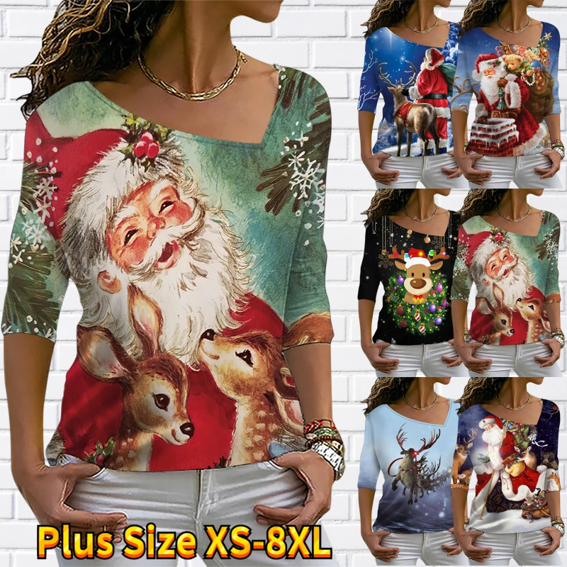 

Women's Tops T Shirt Christmas Santa Claus Sparkly Painting 3/4 Length Sleeve Print V Neck Graphic Sweatshirt Streetwear XS-8XL