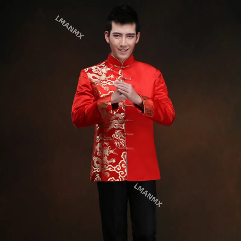 Red Tunic Men Traditional Chinese Male Oriental Mens Clothing Shanghai Tang Cheongsam Top Wedding Chinese Tang Suit For Men Chinese traditional costumes