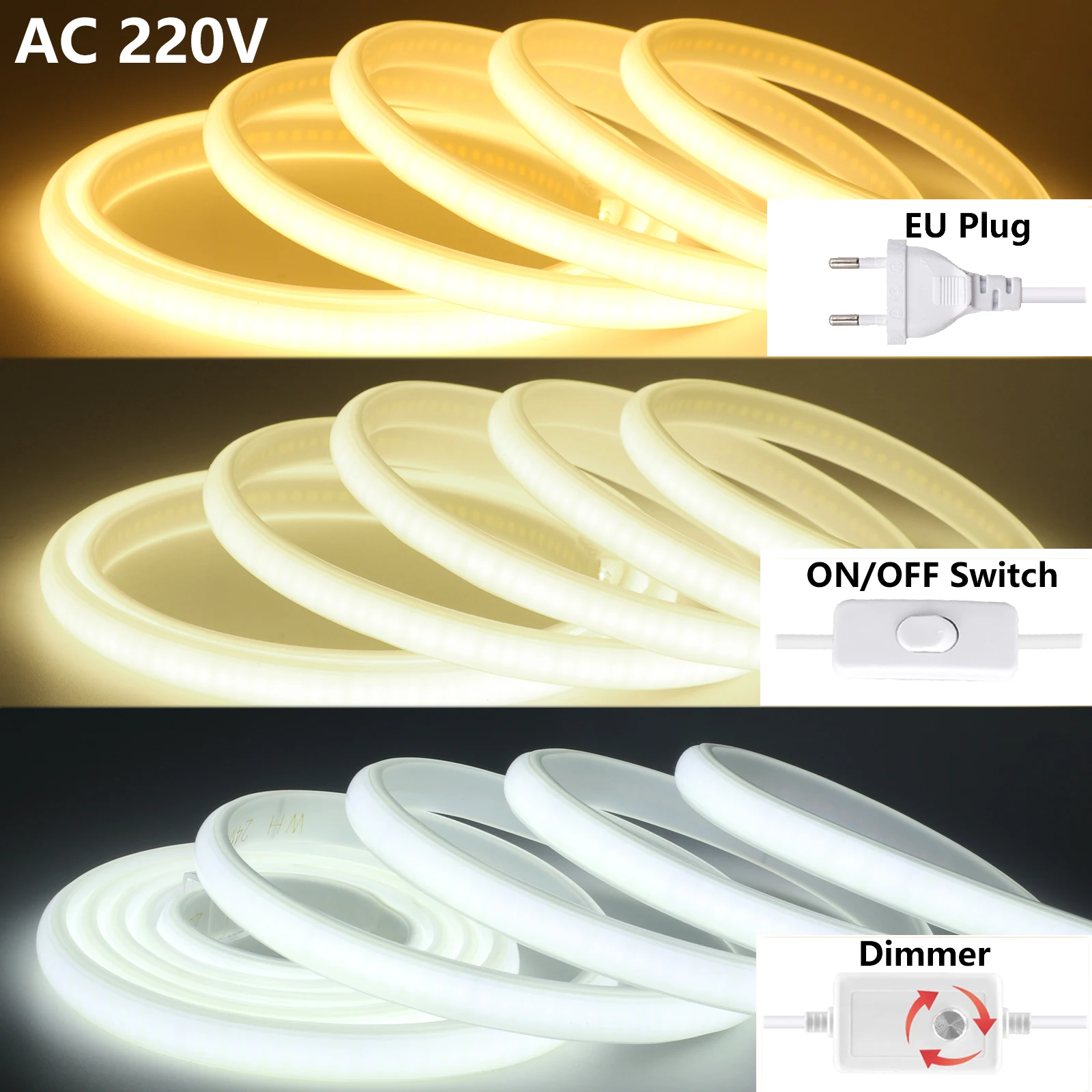 COB LED 스트립 220V 방수 고휘도 288LED/m LED 스트립 (스위치/..