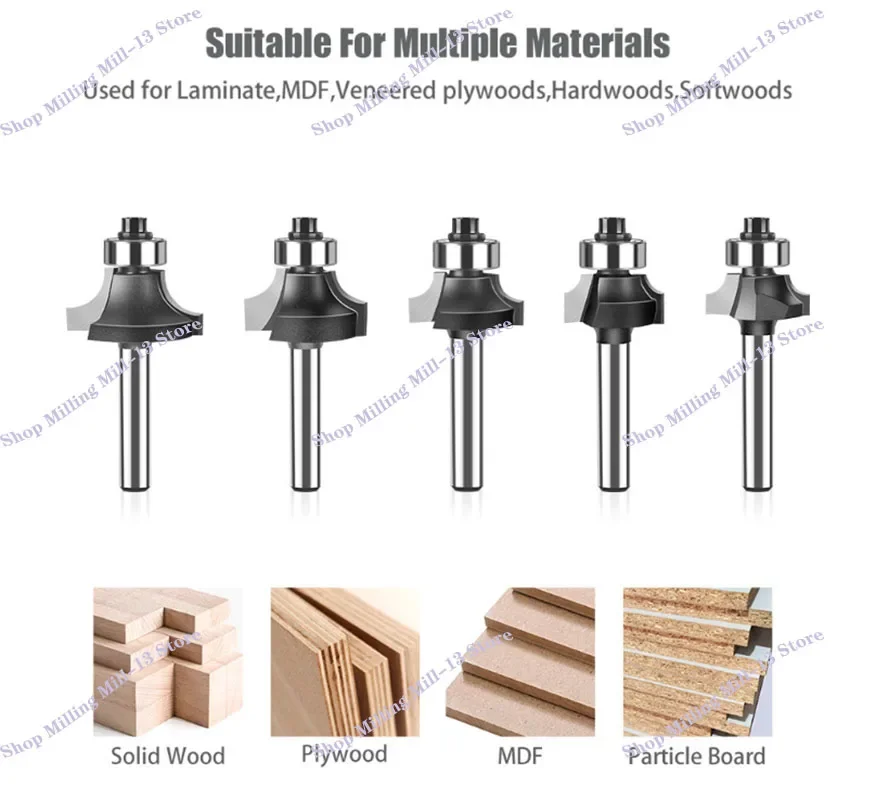 High Quality 1/4&6mm shank Corner Round Over Router Bit with Bearing Milling Cutter for Wood Woodwork 1 set