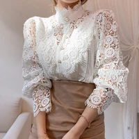 Elegant Loose Sweet Fashion Lace Women Blouse Office Stand Collar Casual Shirt Ladies Petal Long Sleeves Hollow Out Top Clothing - Image 3
