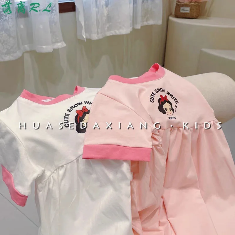 2022 New Disney Snow White 100% Cotton T-Shirt Girls Summer Anime Cartoon Print Short-Sleeved Skirt Girls Clothes Gift For Kids