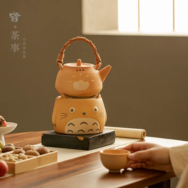 550ml Ceramic Cartoon Retro Carbon Furnace Electric Stove Coarse Pottery Tea Pot Boiler Radiant-cooker One Set 600w 220V