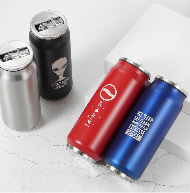 500ML 304 Stainless Steel Cola Can Thermos Custom LOGO Vacuum Cup Flask Portable Double Layers Straw Cup Water Bottle Mug