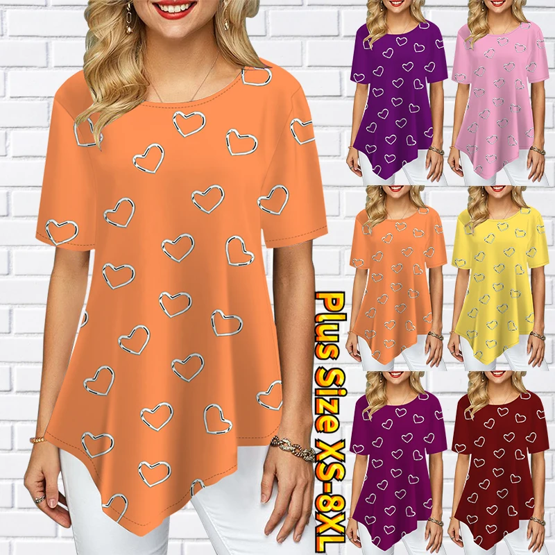 

New Woman Solid Color Love Print Harajuku Summer Tshirts Casual Round Neck Short Slee Top Tee Shirt Women T-shirt XS-8XL
