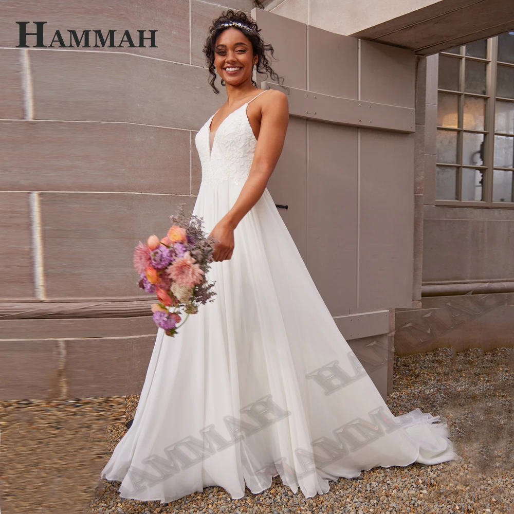 

HAMMAH Simple V Neck Chiffon Wedding Dresses Appliques Spaghetti Strap Slit Court Train Backless A Line Sleeveless Made To Order