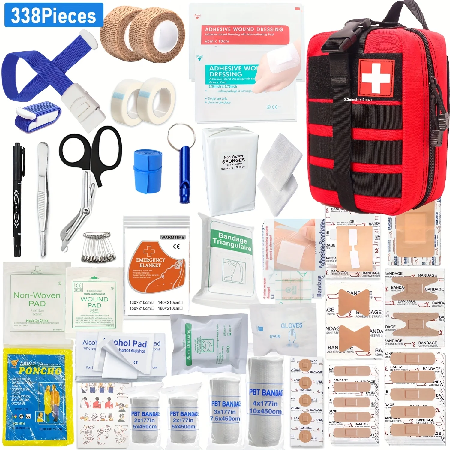 Bolsa para botiquín de primeros auxilios, paquete de emergencia portátil ligero para viajes, hogar, oficina, coche, senderismo, Camping, accesorio de caza, 338 Uds.