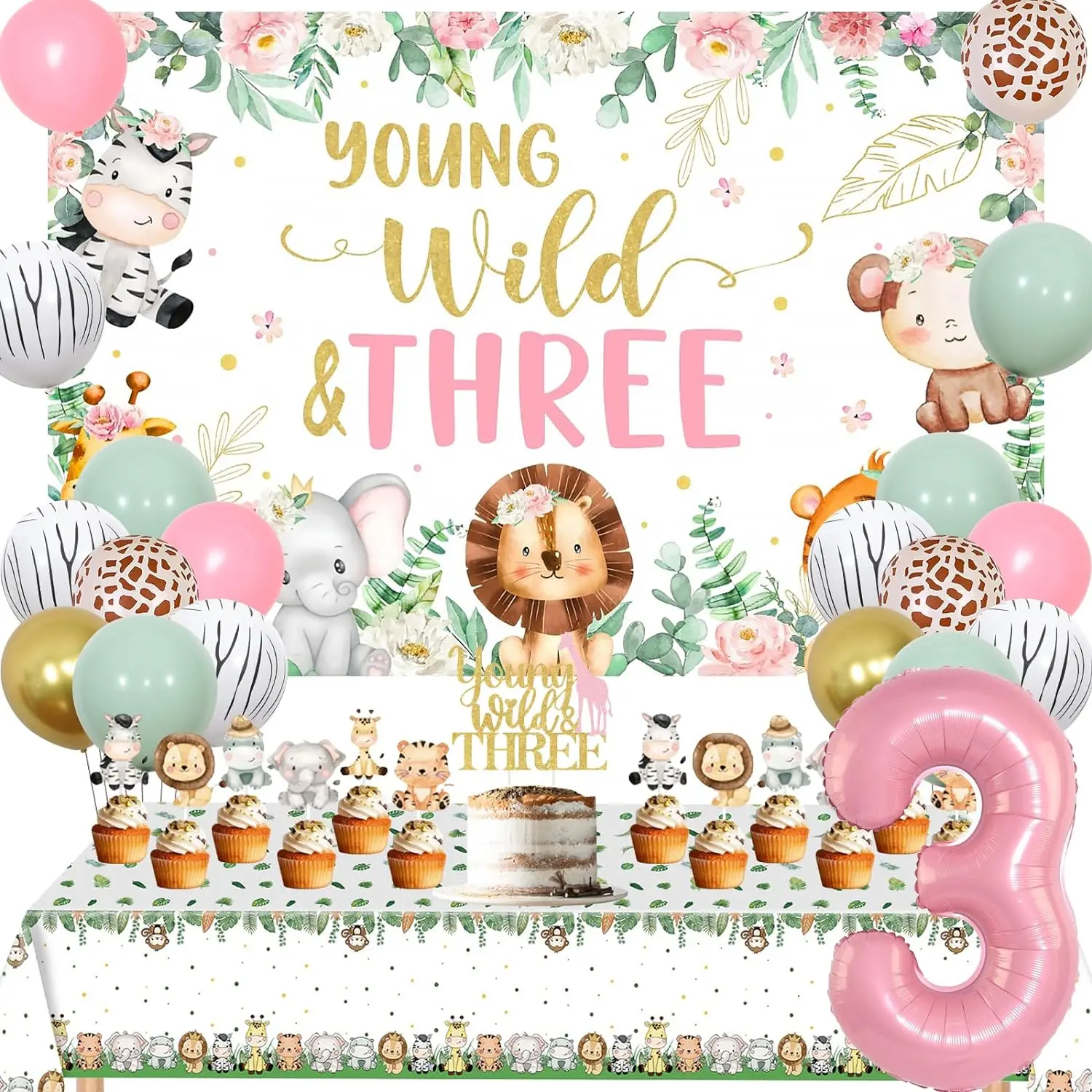 

Jungle Safari 3rd Birthday Decor Young Wild Three Backdrop Balloons Garland Arch Kit Zoo Animal Balloons First Birthday Party