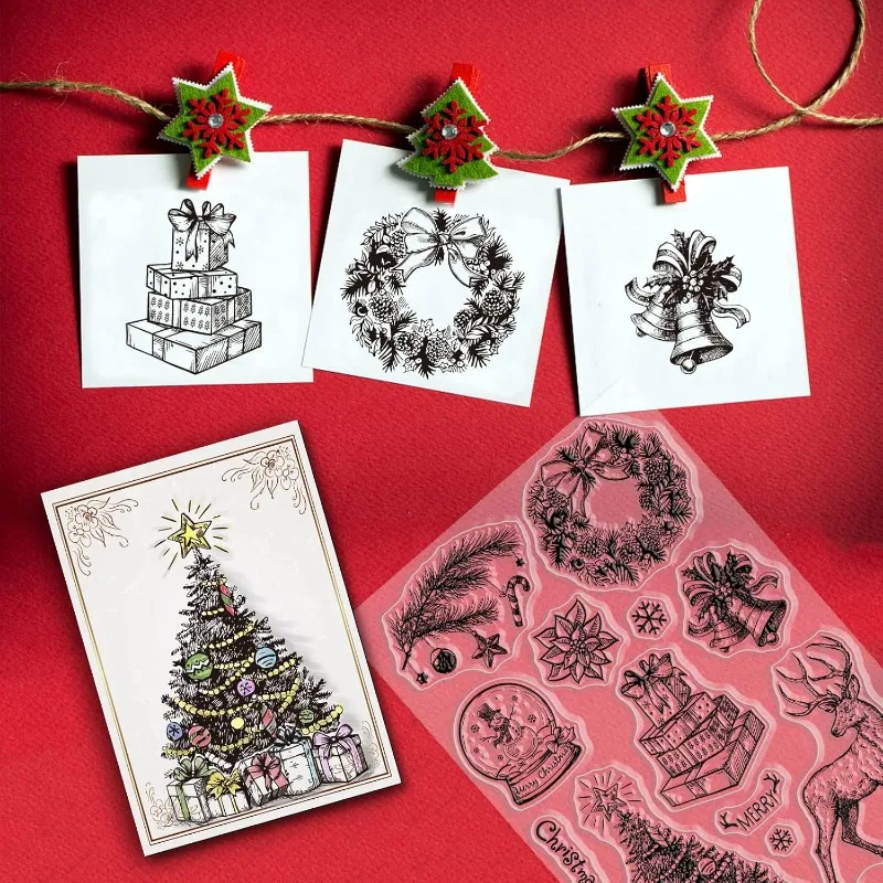 1 foglio di timbri trasparenti in silicone di buon Natale, regalo con fiocco di neve, albero di Natale, pupazzo di neve, alce, cervo, timbri trasparenti per carta di Natale  15