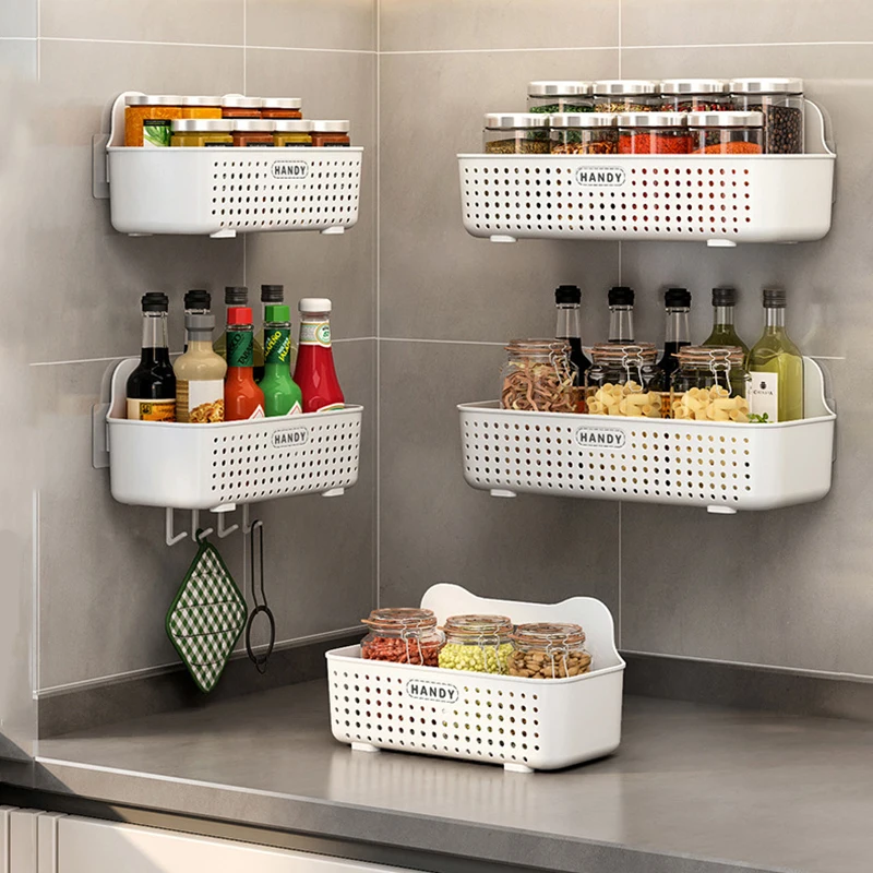 

Wall Mounted Storage Basket No-Drilling Waterproof Bathroom Wall Holder Shelf Shower Basket Kitchen Spices Organizer Tray