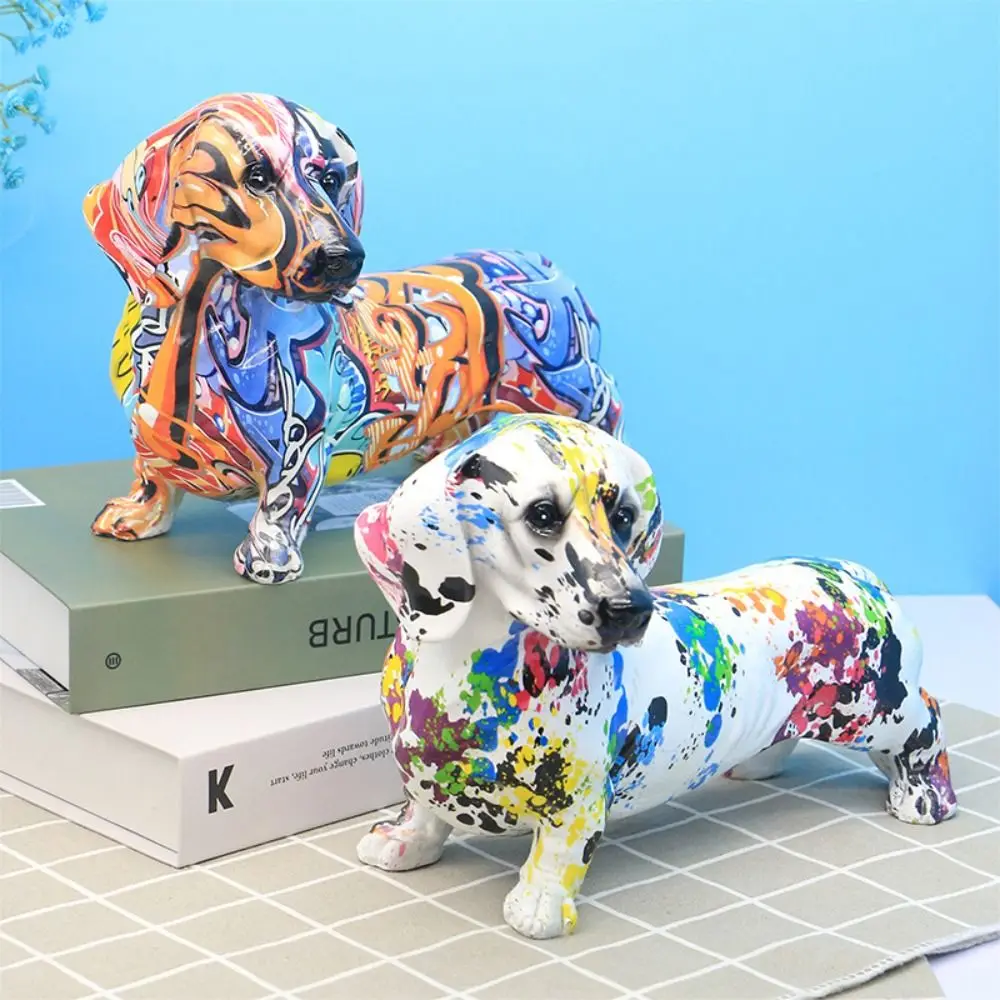 

Desktop Figurines Dachshund Statue Simple Resin Painted Graffiti Animal Sculpture Craft Color Dog Ornament Home Decoration