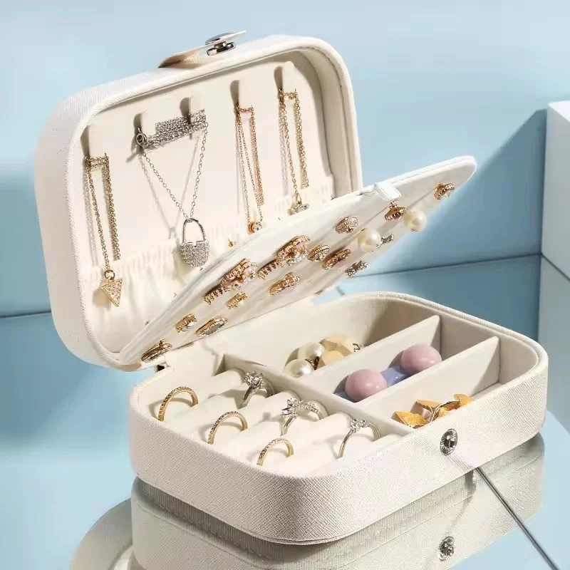 Jewelry Box, PU Leather Small Portable Travel Case, 2 Layers Organizer Display Storage Holder Box for Rings, Earrings, Necklaces