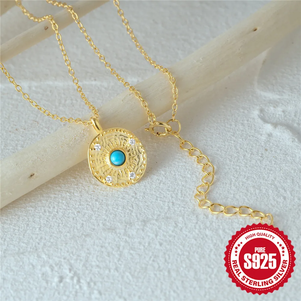 100% 925 Sterling Silver Turquoise Geometric Necklace for Women Girl Simple Texture Round Design Jewelry Party Gift Dropshipping