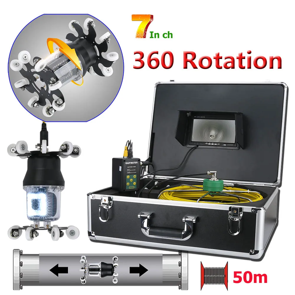 

50m 7 inch Pipe Inspection Video Camera Drain Sewer Pipeline Industrial Endoscope with IP68 38 LEDs 360 Degree Rotating Camera