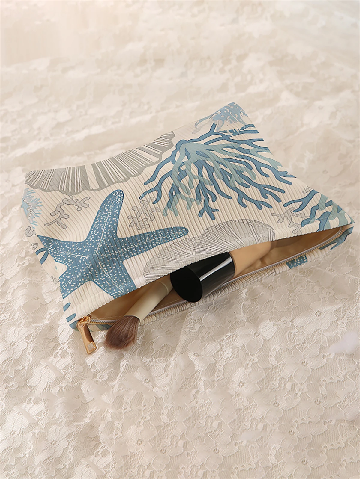 1 starfish patterned corduroy makeup bag, lightweight zipper makeup storage box, multifunctional bag with lining