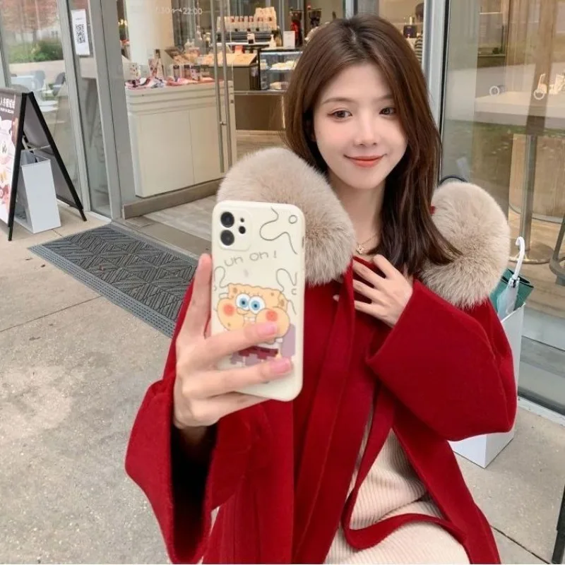 2023 Autumn Winter New Woolen Coat Thickened Cashmere Women Large Size Loose Hooded Large Hair Collar Medium Long Woolen Coat