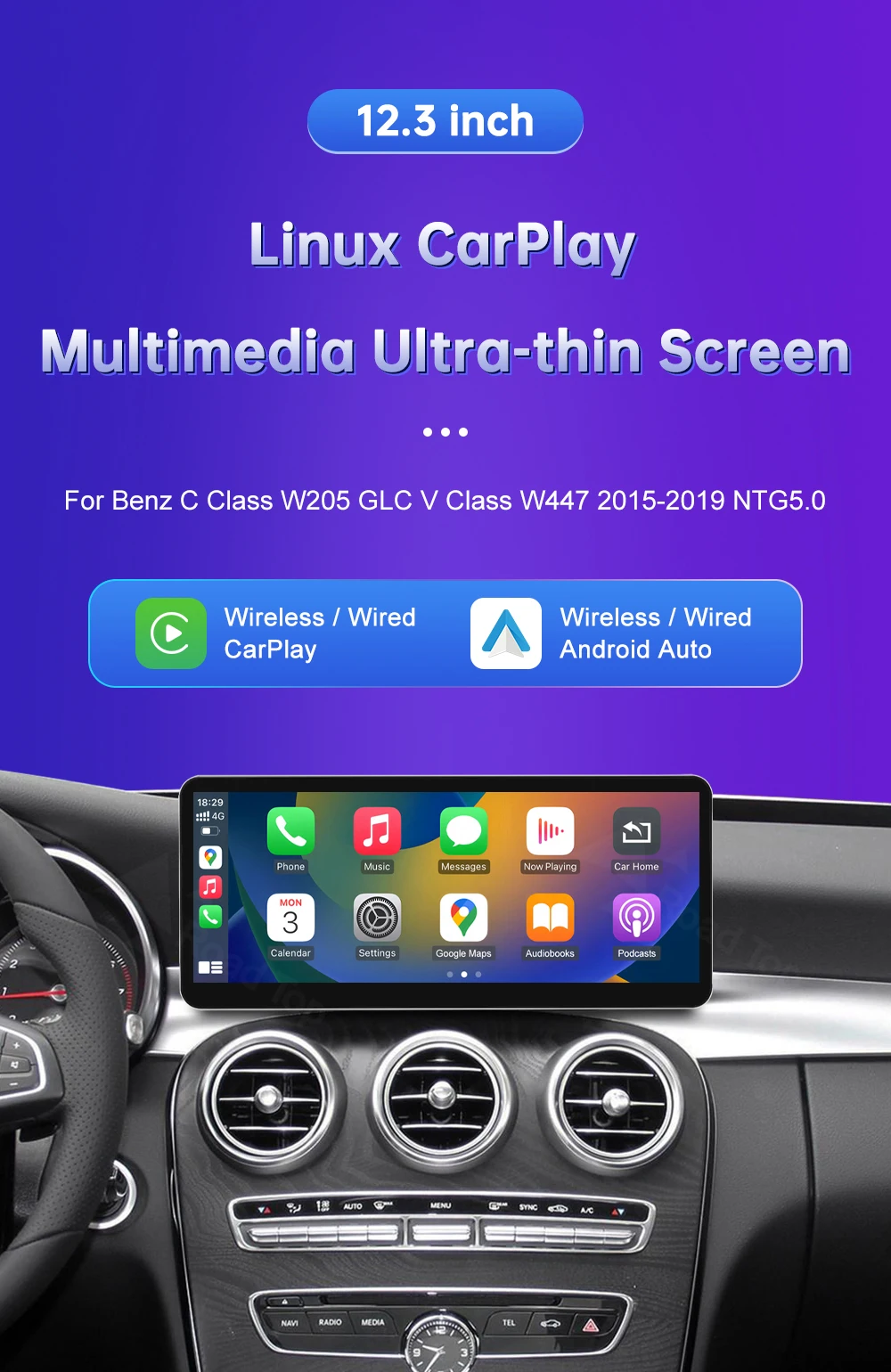 12,3-Zoll-Ultra-Thin-Linux-Bildschirm für Mercedes Benz W205 GLC A C V Klasse W447 CLA GLA 2015-2019 Android Auto Carplay Auto-Multimedia – Detail 1