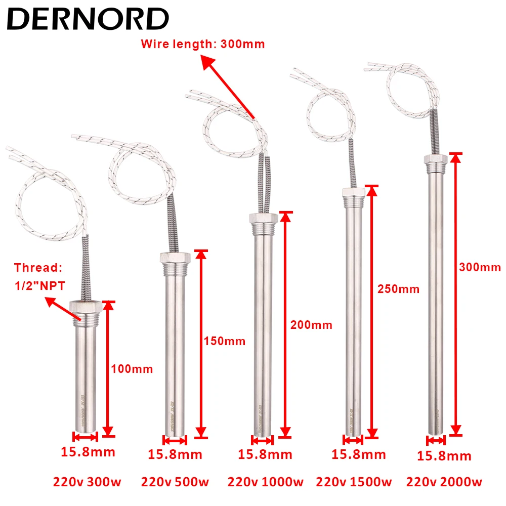 DERNORD 220V Cartridge Heater 1/2 Thread Water Tubular Heating Element  Cylindrical Immersion Resistance 0.3KW/0.5KW/1KW/1.5KW - AliExpress