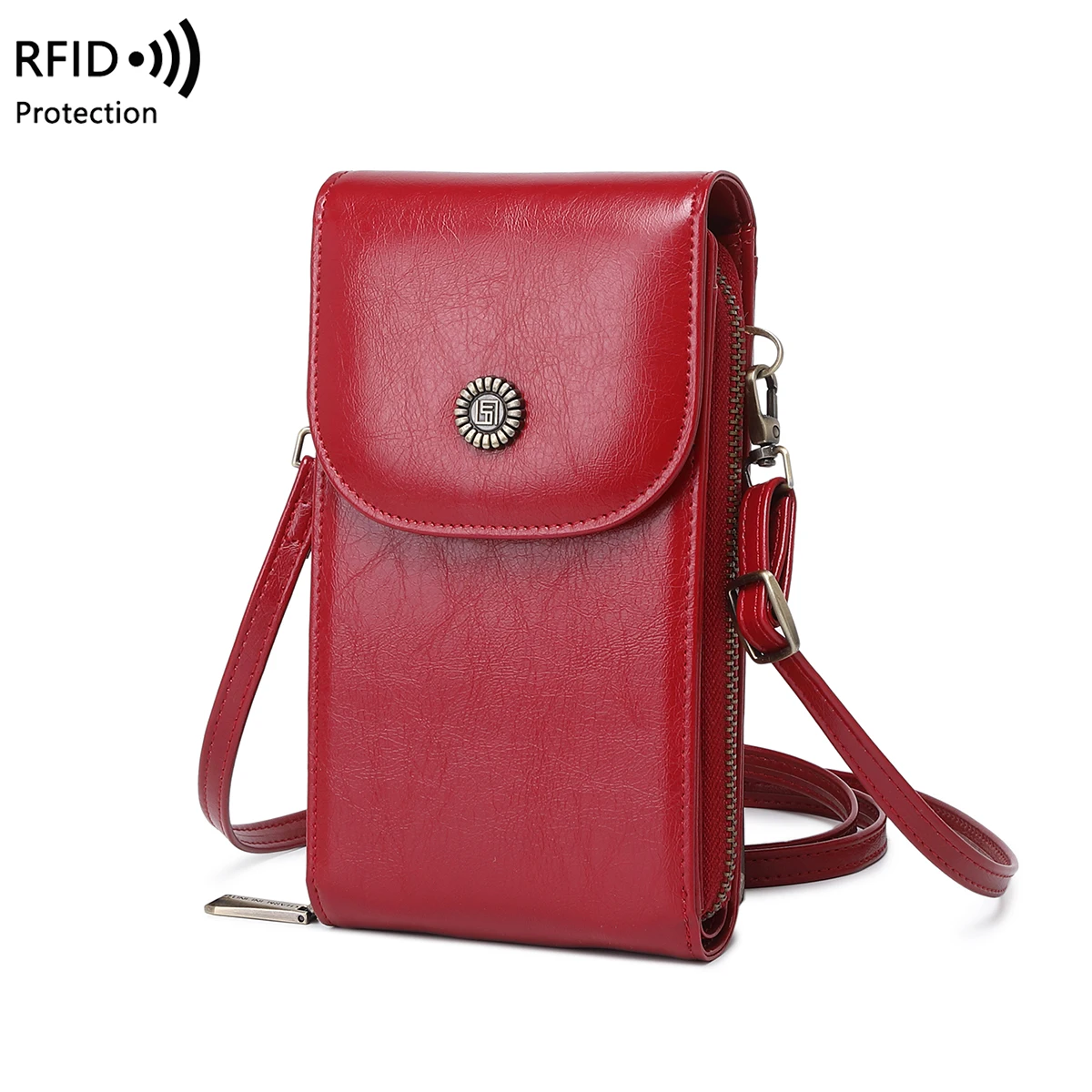 Retro Oil Wax Leather Mobile Phone Bag, RFID, Anti-theft, Brush, Vertical Shoulder Bag, Fashion Crossbody Wallet