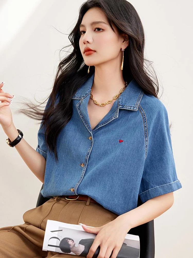 여성용 캐주얼 데님 셔츠, 빈티지 반팔, 루즈 셔츠, 한국 스타일, 싱글 브레스트 통근 상의, 2024 패션