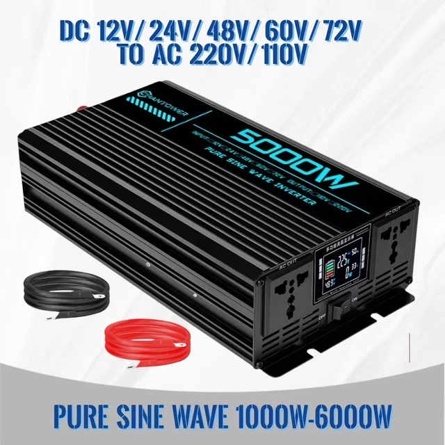อินเวอร์เตอร์คลื่นไซน์บริสุทธิ์ DC 12V/24V/48V/60V/72V เป็น AC 220V/110V 1000W 2000W 3000W 4000W 5000W ตัวแปลงไฟ อินเวอร์เตอร์พลังงานแสงอาทิตย์สำหรับรถยนต์ 1