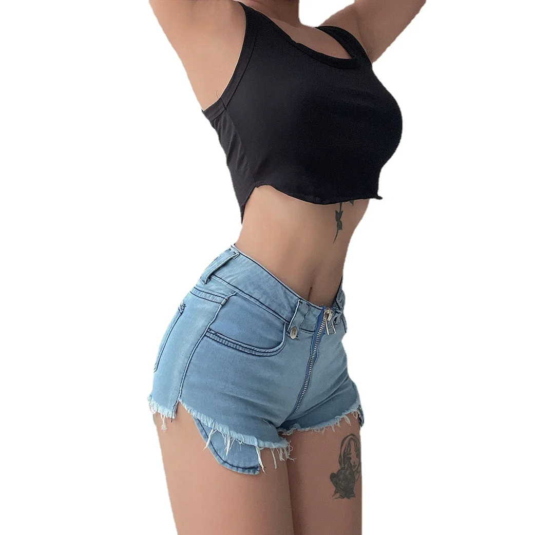 Hot Girl Open-Seat Pants Peach Hip Denim Stretch Short for women Sexy Hot Pants High Waist Zipper Denim Shorts Outdoor Sex Pants