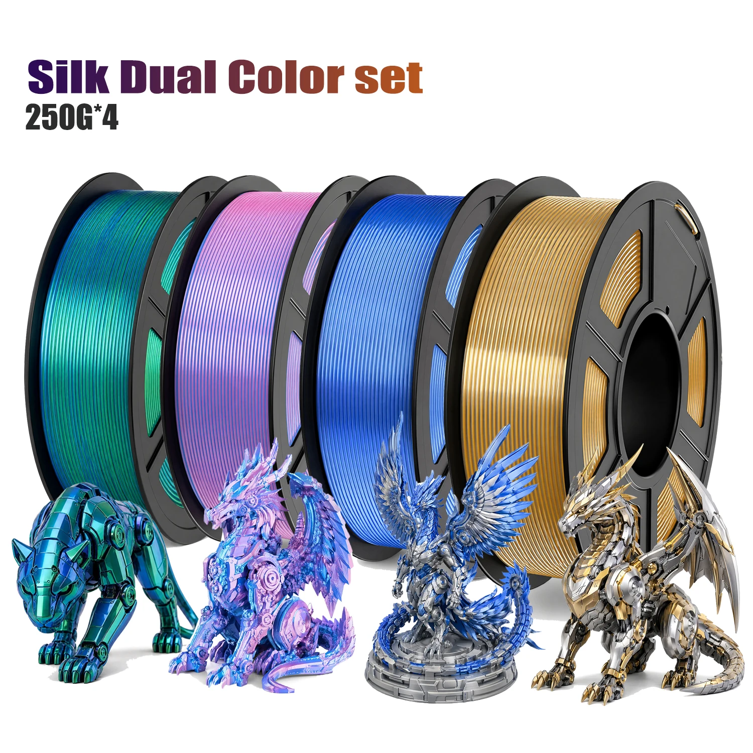 듀얼 컬러 샤이니 실크 PLA 3D 필라멘트 1.75mm 실버 블루 250g 카드보드..
