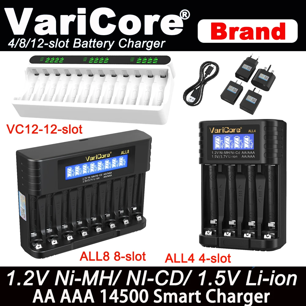 VariCore VC12 ALL8/ALL4 12/8/4-Slot Portable Battery Charger for 1.2V Ni-MH Ni-Cd AA AAA Toy Remote Control Batteries