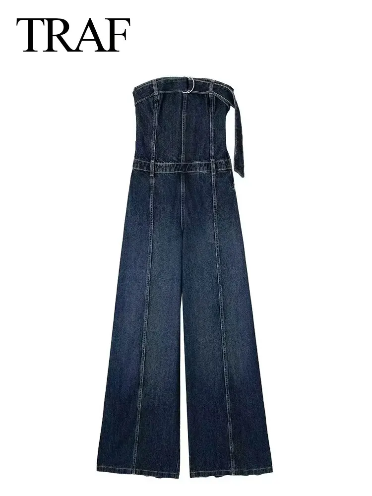 

TRAF 2023 Women Fashion Denim Jumpsuits Tube Tops Slim Zipper Fly Long Bodysuits Woman Chic Casual Streetwear Female Rompers