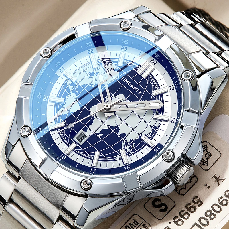 Men's Stainless Steel Waterproof Luminous Quartz Watch - World Map Dial, Military Business Style by TIMEARTX