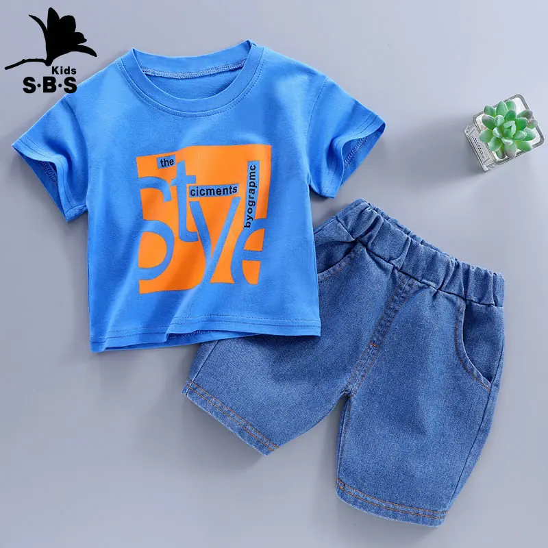 

Children's clothing boys denim shorts short sleeve suit 2023 new baby clothes