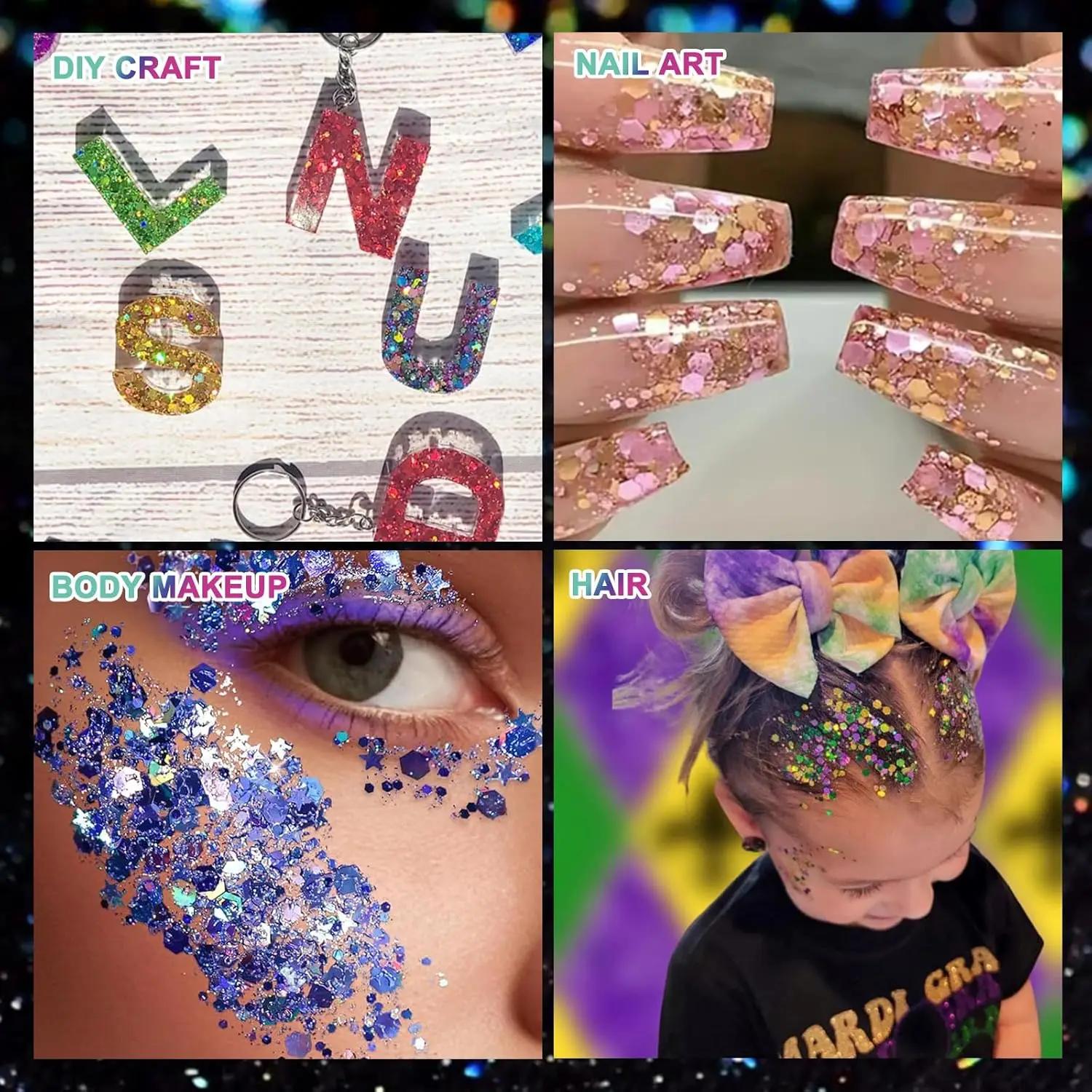 12 Farben holografischer klobiger Glitzer, sortiert, 3 mm Sternformen, feines Glitzerpulver für Körper, Nagelkunst, Basteln, gemischte Farben – Detail 6