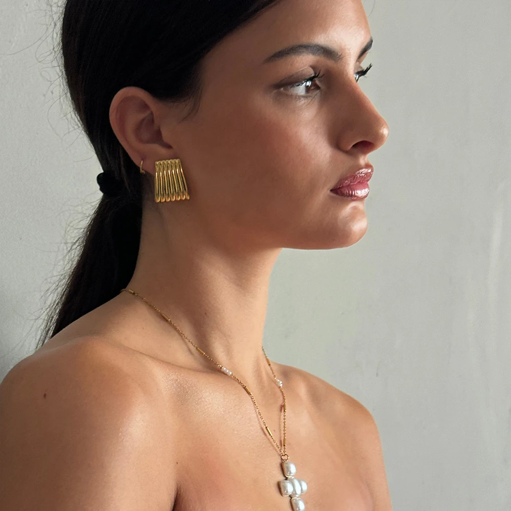 Vintage Texture Striped Wide Fan-shape Stud Earrings for Women Waterproof Stainless Steel Gold Plated Geometric Designer Jewelry