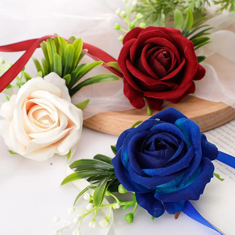 2PCS Wrist Corsage and Boutonniere Set Red Rose Wrist Corsage Bracelets  Bride Bridegroom Bridesmaid Corsage Wrist Silk Artificial Flowers for  Wedding