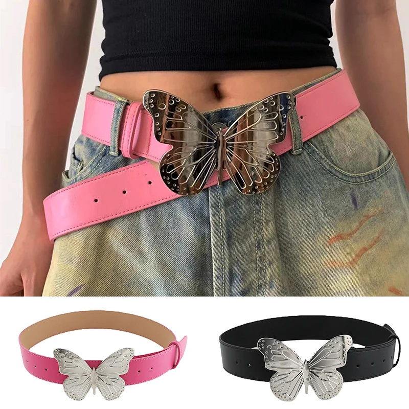 

2000s Butterfly Vintage Belt Women Pink Harajuku Buckle Vintage Fairy Grunge Indie Aesthetic Accessories Wide Waist Belt