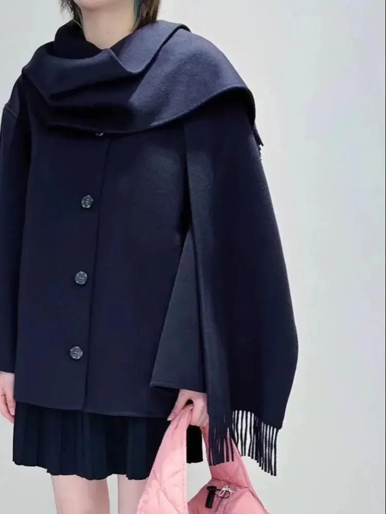 

Women Coat Solid Tassels Scarf Collar Pockets Loose Winter New Fashion Single Breasted Long Sleeve Jacket